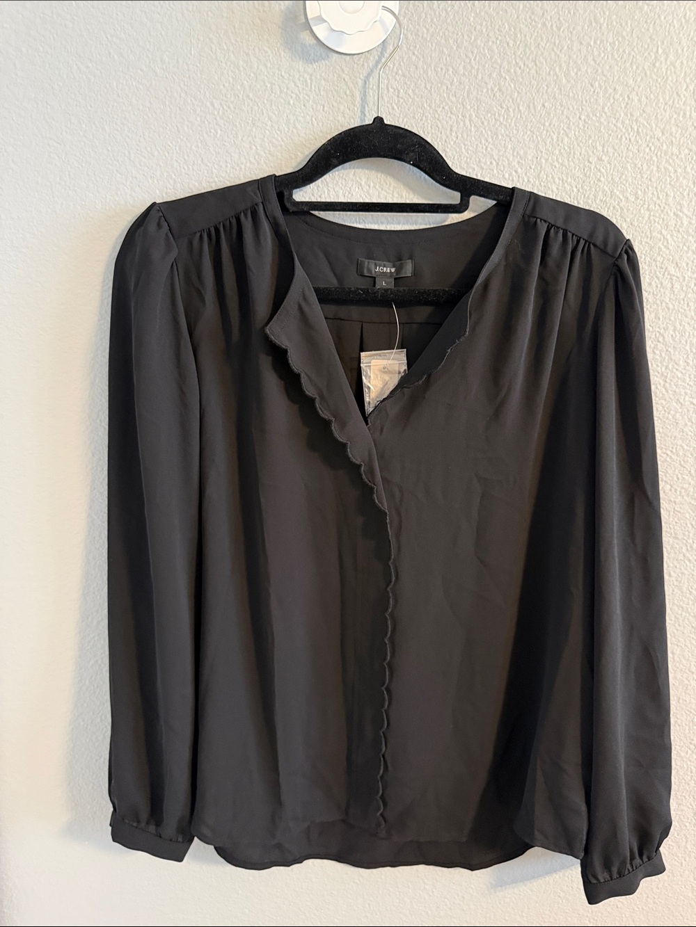 NWT J. Crew Black Scallop-Edge Long Sleeve Blouse